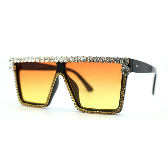 Full Crowned Rhinestone Flat Top Horned Diva Sunglasses Black Orange Yellow