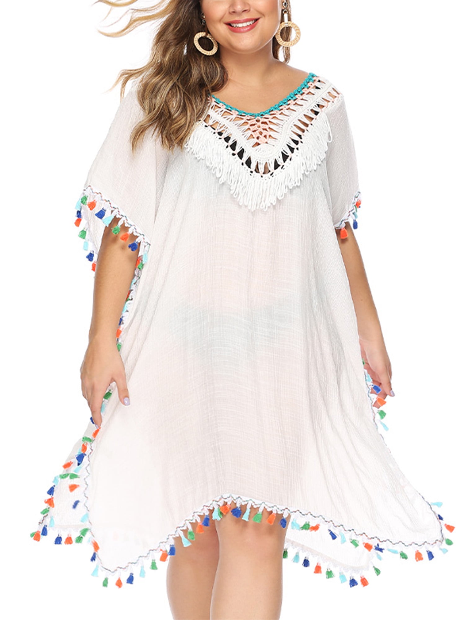 Lumento Plus Size Women Swimwear Coverups Dress Tassel Bikini Tops