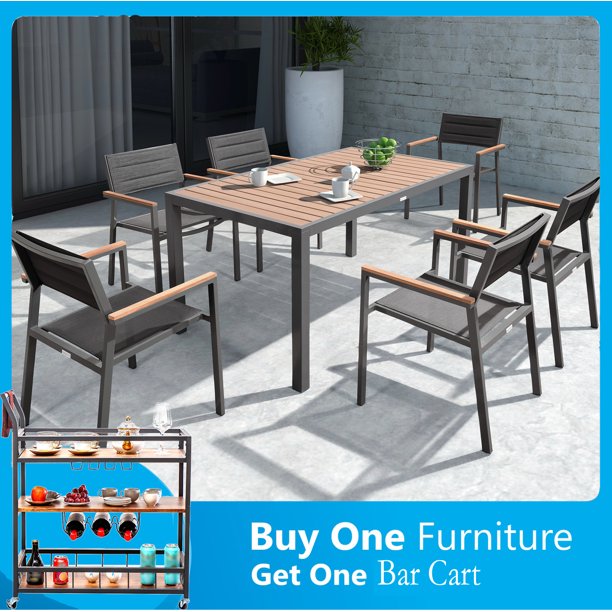 Auto 6+1 Pieces Faux Wood Outdoor Dining Set for 6 People, Patio table