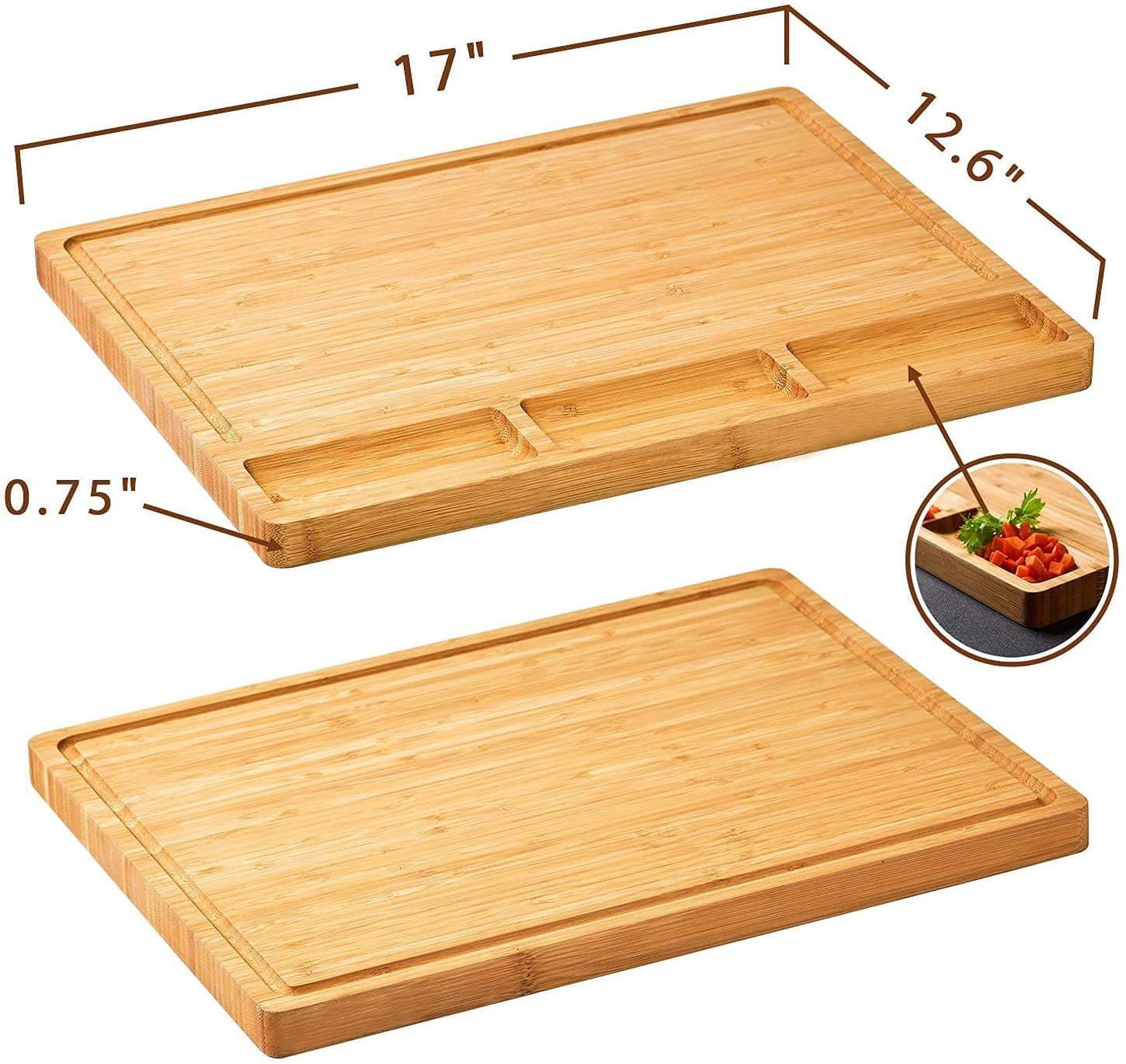 Large Bamboo Wood Cutting Board for Kitchen, Cheese Charcuterie Board with 3 Built-in Compartments and Juice Grooves, Butcher Block (17x12.6")