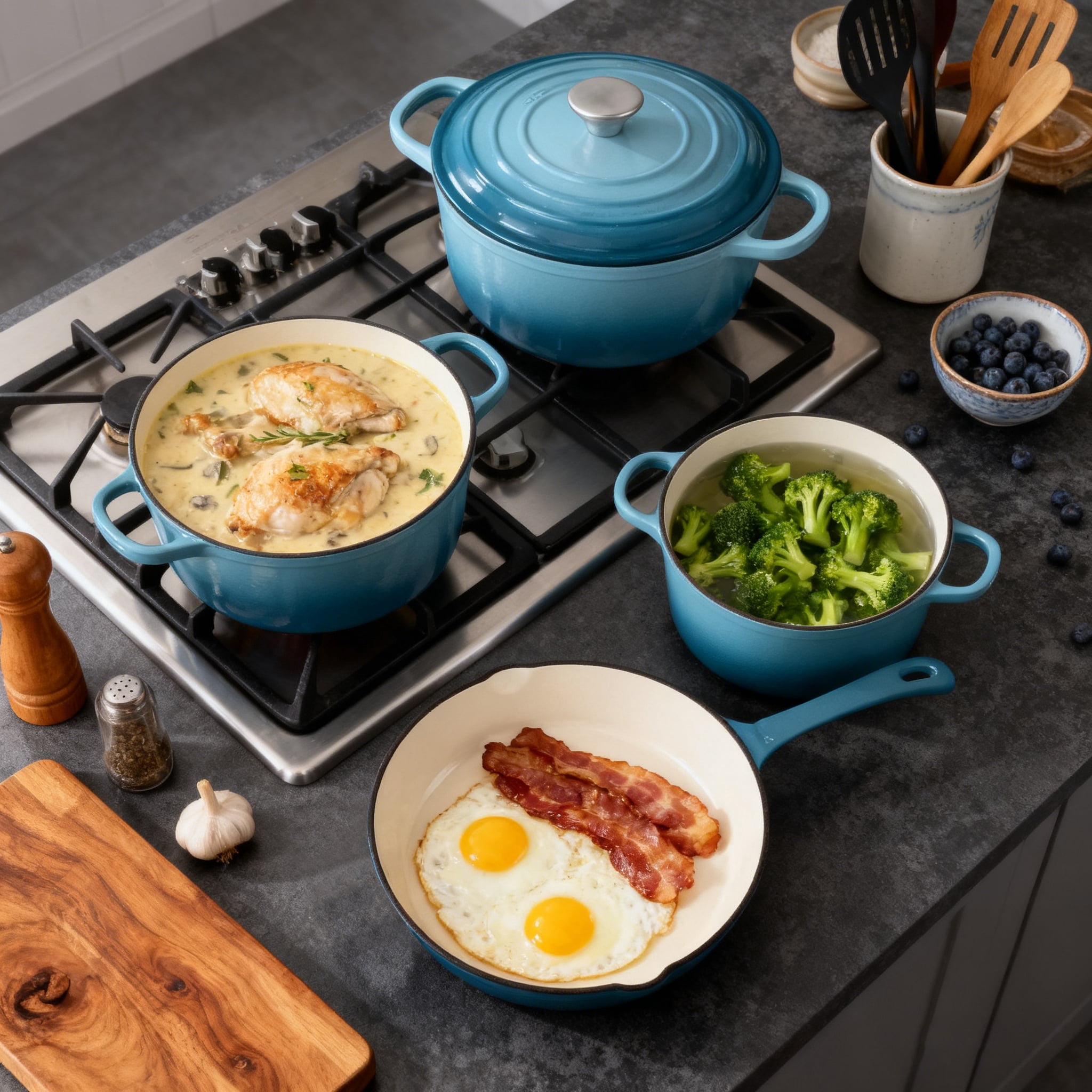 CAANNASWEIS 7 Piece Cast Iron Cookware Set, Pre-Seasoned Heavy Duty Pots and Pans Collection for Home Kitchen, Induction Compatible