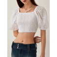 thumbnail image 4 of Gupgi Women's Off Shoulder Cropped Tops Lace Embroidery Short Puff Sleeve Show Navel T-Shirts, 4 of 8