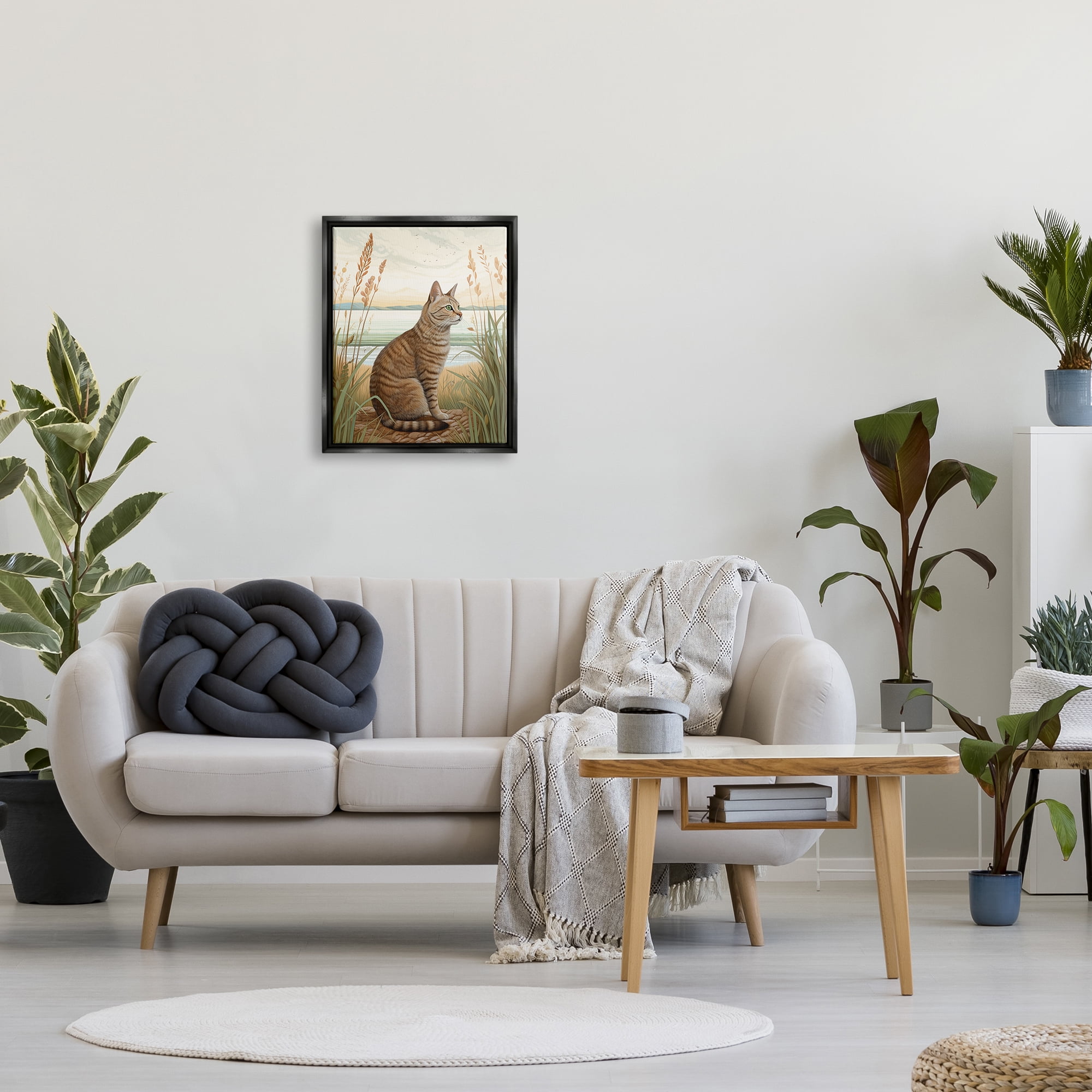 Stupell Industries Cat Sitting on Beach Animals & Insects Painting Black Floater Framed Art Print Wall Art, 17 x 21