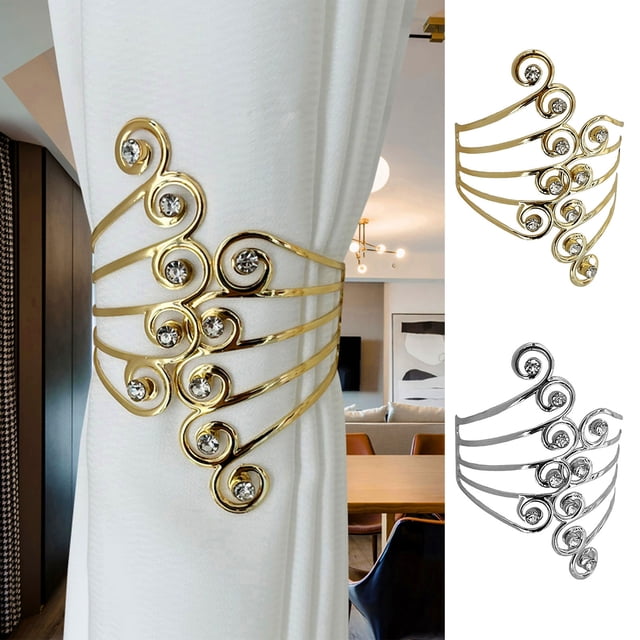 Cagogo under $5 2Pcs Curtain Tiebacks, Metal Curtain Tie Back Holders, Adjustable Spring Tension Curtain Clips, Polished Rhinestone Decorative Curtain Hooks