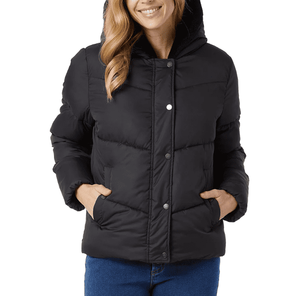 32 Degrees Women’s Quilted Jacket with Plush Lined Hood Black Medium