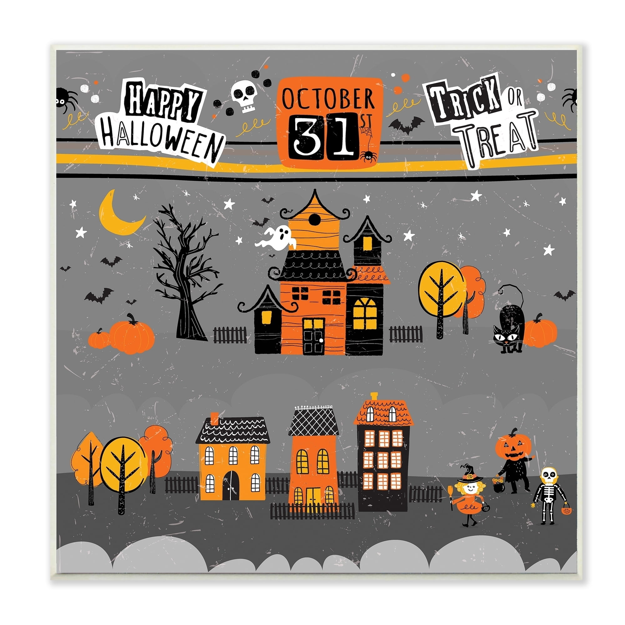 The Stupell Home Decor Collection Black Orange and Grey October 31st Trick Or Treat Houses Night Scene Wall Plaque Art, 12 x 0.5 x 12
