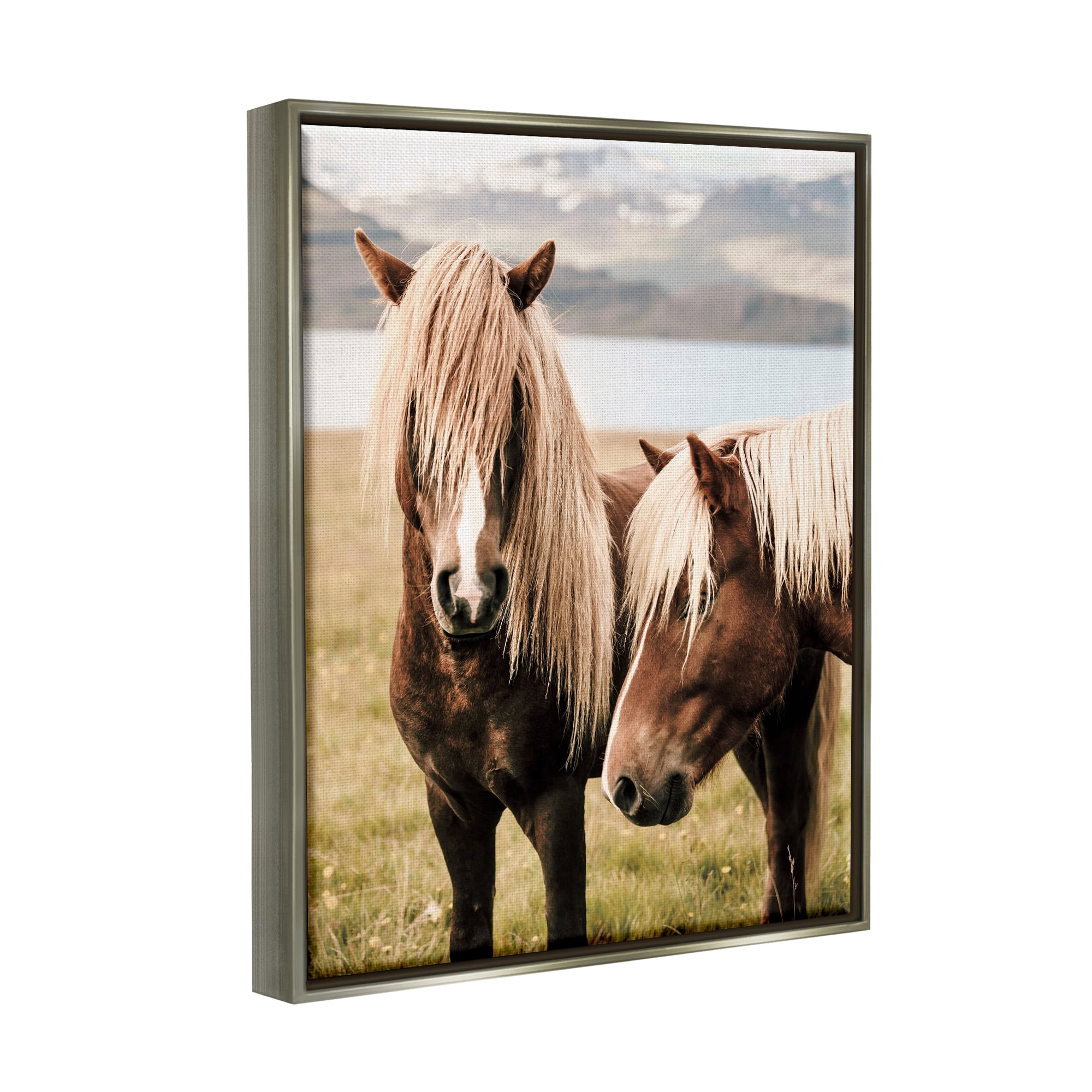 Stupell Industries Brown Horse Duo Animals & Insects Photography Gray Floater Framed Canvas Art Print Wall Art, 17 x 21