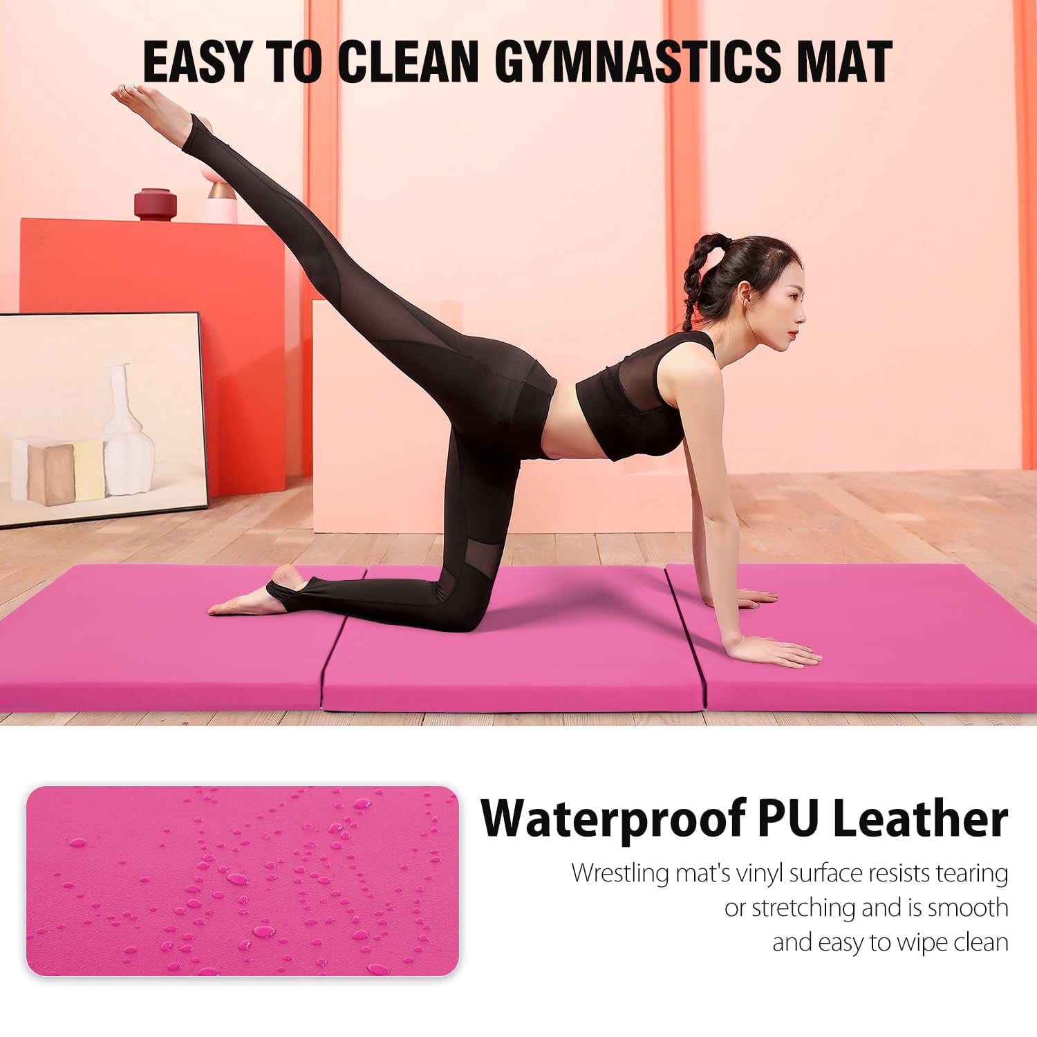 NiamVelo 6'x2'x1.5" Gymnastics Mat Folding Tumbling Mats 3-Fold Gymnastics Equipment PU Leather Exercise Mat Yoga Mat with Carrying Handles for Home Workout Outdoor,Pink