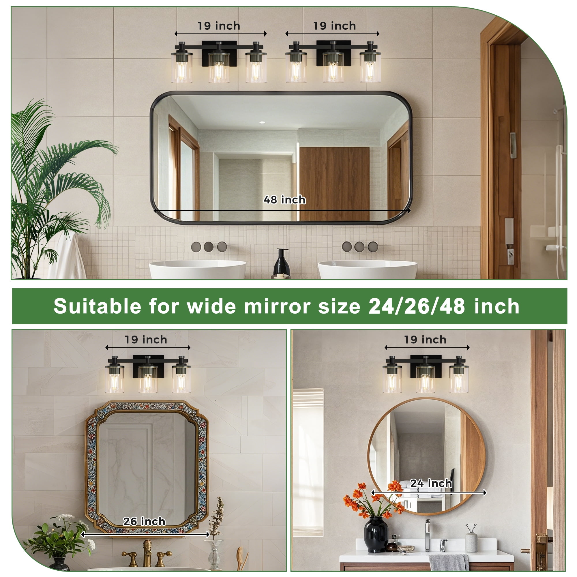 YANSUN 19 in 3-Light Black Vanity Light Bar with Clear Glass Shades E26 Base for Bathroom Mirror, Hallway, Entryway