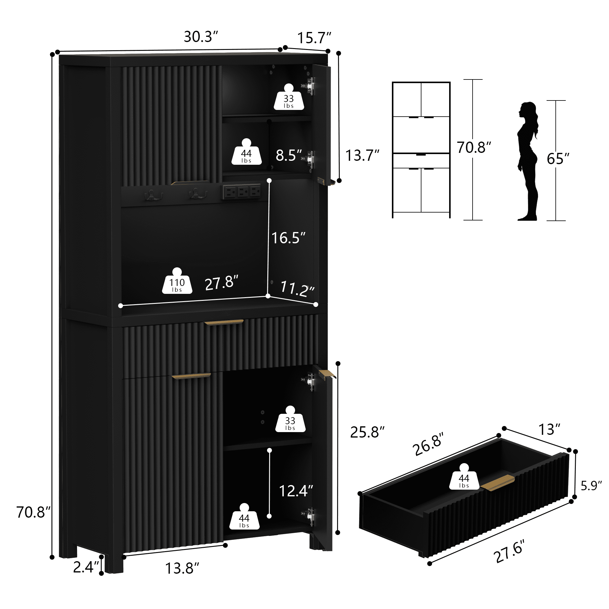 Aufeile Fluted Kitchen Pantry Storage Cabinet, 71" Tall Wood Pantry Hutch with 2 Adjustable Shelves & Drawer & Charging Station for Dining Room Hallway Living Room, Black