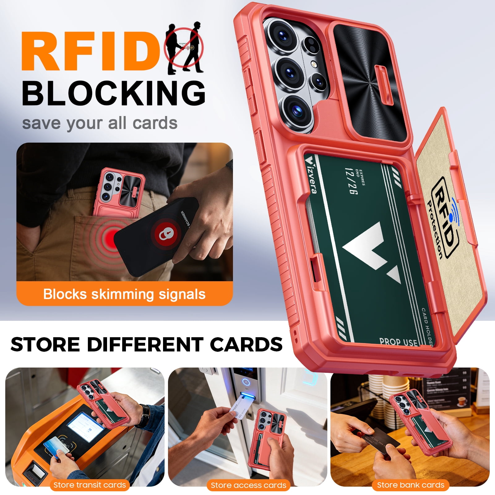 Vizvera for Samsung Galaxy S26 Ultra Case Wallet with RFID [Cards Holder][Camera Cover][Edge Raised] Shockproof Silicone Phone Case-Coral Red