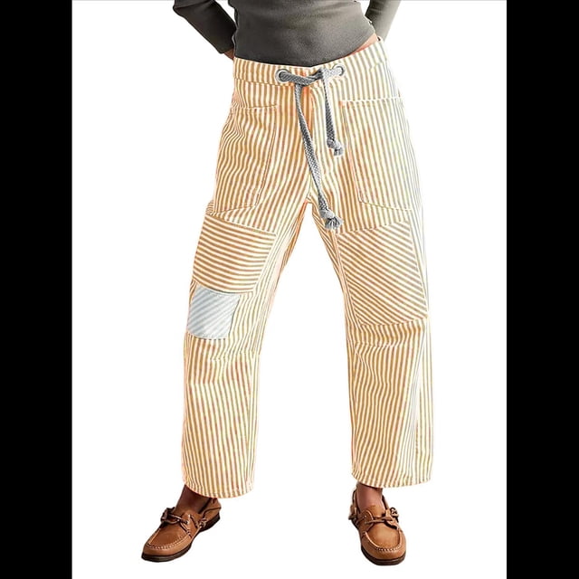 Jeans para Mujer Y2k con Rayas, Cordón Ajustable, Cintura Alta, Rectos, Pierna , Estilo Boyfriend, Pantalones Vaqueros Mom. Amarillo L
