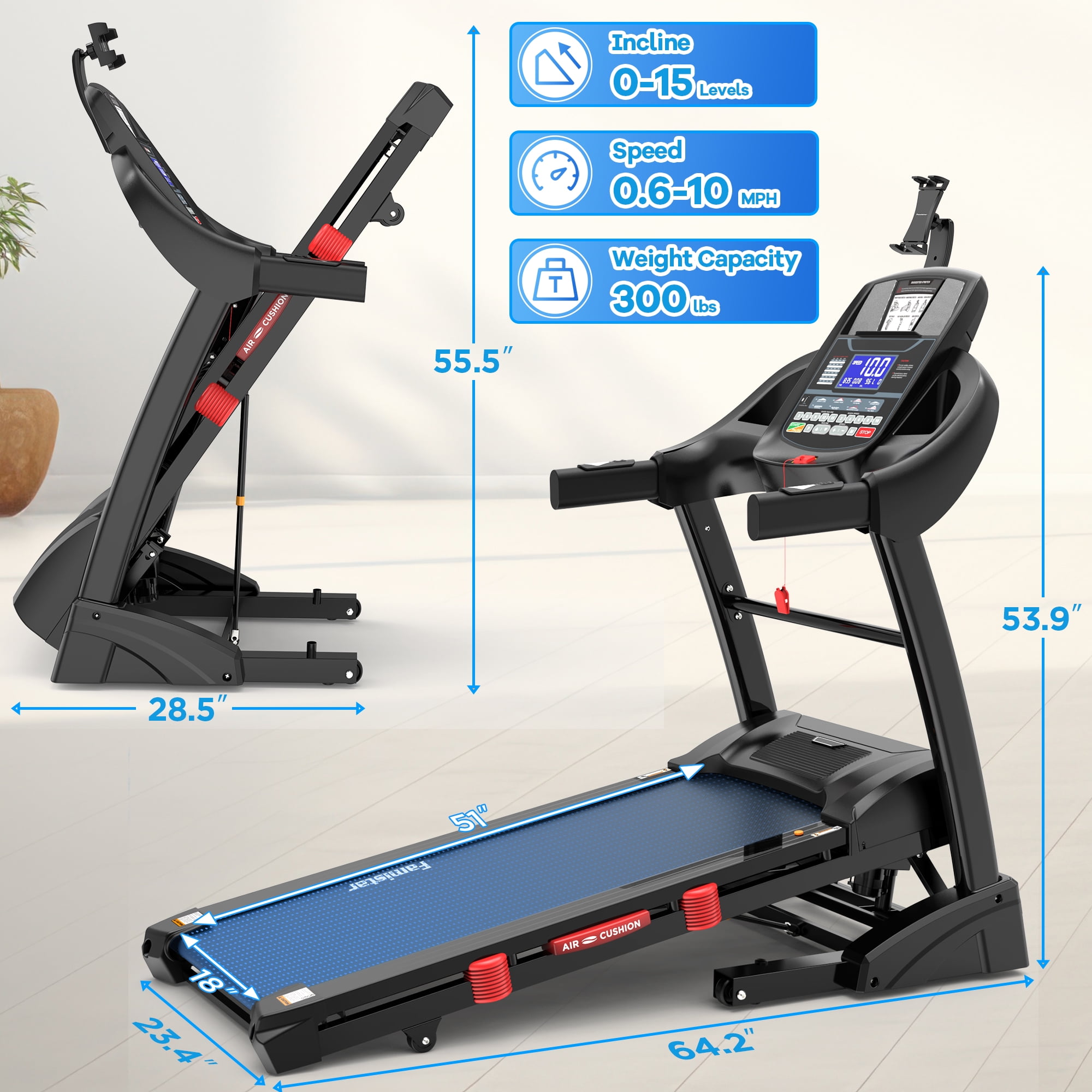 Qvamodo 4.75 HP Folding Treadmill for Home with 15% Auto Incline, 300LB Capacity, 10MPH Speed, App & Bluetooth Speaker, LCD Display, Portable Treadmill Running Walking Machine, Shock Absorption