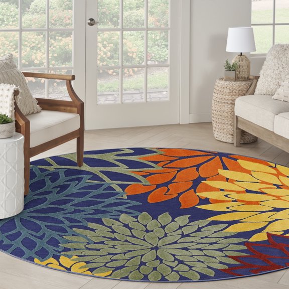 Nourison Aloha Indoor/Outdoor Navy Multicolor 5'3" x Round Area Rug (5 Round)