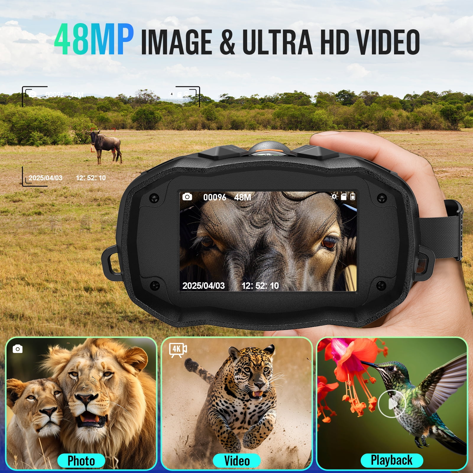 BNISE 4K Night Vision Goggles for Adult-2624FT Infrared Night Vision Binoculars 10X Digital Zoom,Tactical Light,5000mAh Large Battery 32GB TF Card 3'' HD Screen for Outdoor Camping & Security