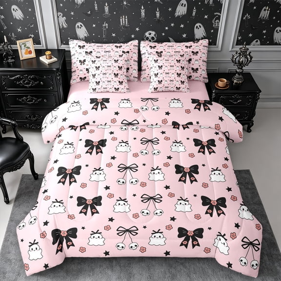 Erosebridal Spooky Bows 7-Piece Twin Bedding,Cute Halloween Bedding Comforter Set,Pink,Reversible