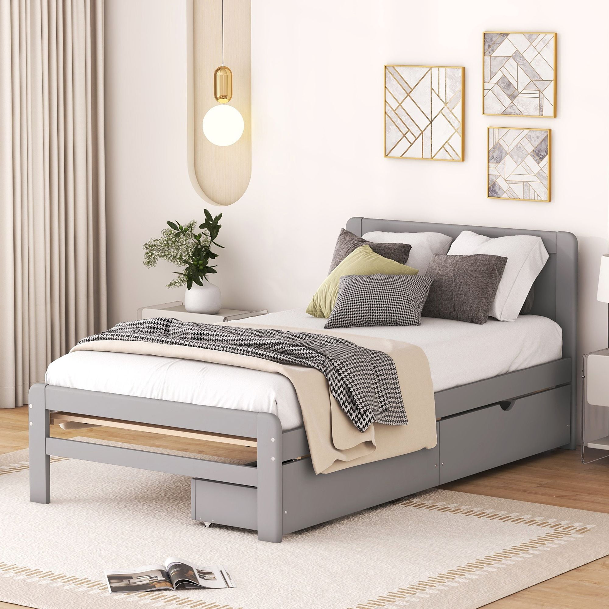 Aukfa Platform Bed with 2 Storage Drawers, Twin Bed Frame with Headboard for Kids, Wood - Gray