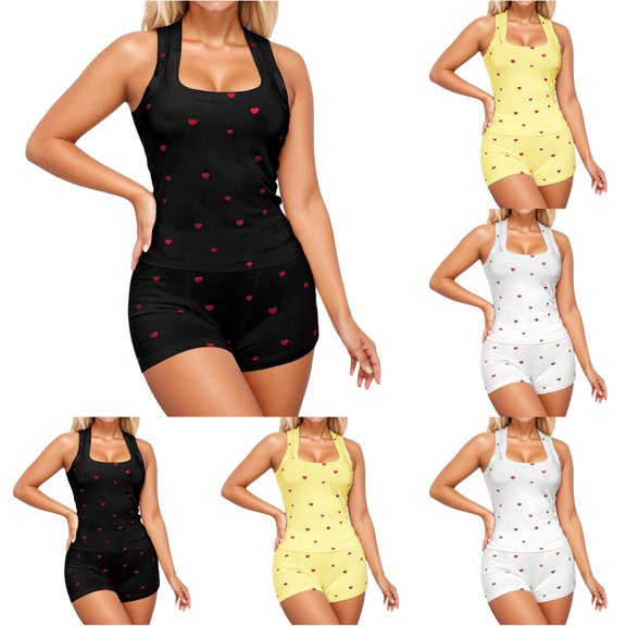 Bigetiay Women's Heart Print Tank Top and Shorts Pajama Set, Size S
