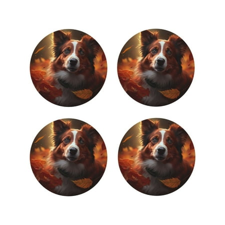 

Junzan Cute Maple Leaf Puppy Print Coasters for Drinks - Leather Coasters Set of 4 for Coffee Table for Housewarming/Kitchen/Bar/Decor-Round Shape