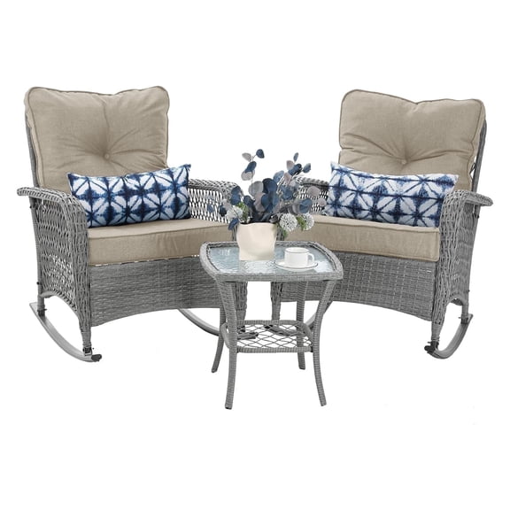 HOYOA Outdoor Rocking Chair Sets, 3 Piece Rocking Chair Bistro Set with 2 Rattan Rockers and Coffee Table with Thick Cushions for Porch,Backyard,Poolside