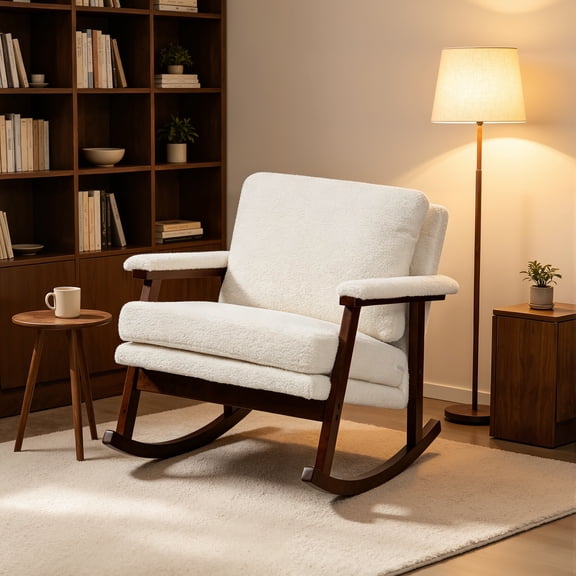 Legahome Nursery Rocking Chair, Teddy Upholstered Rocking Accent Chair with 23.6"Extra Wide Seat, Thick Cushion and Solid Wood Frame, Modern Accent Glider Rocker for Living Room, Reading Room, White
