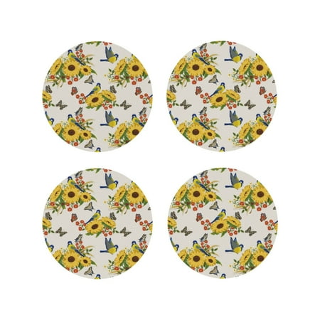 

Coasters Set of 4 - Sunflowers Bird Butterfly Drink Coasters for Tabletop Protection Leather Coasters for Living Room Decor and Housewarming Gift Round Shape