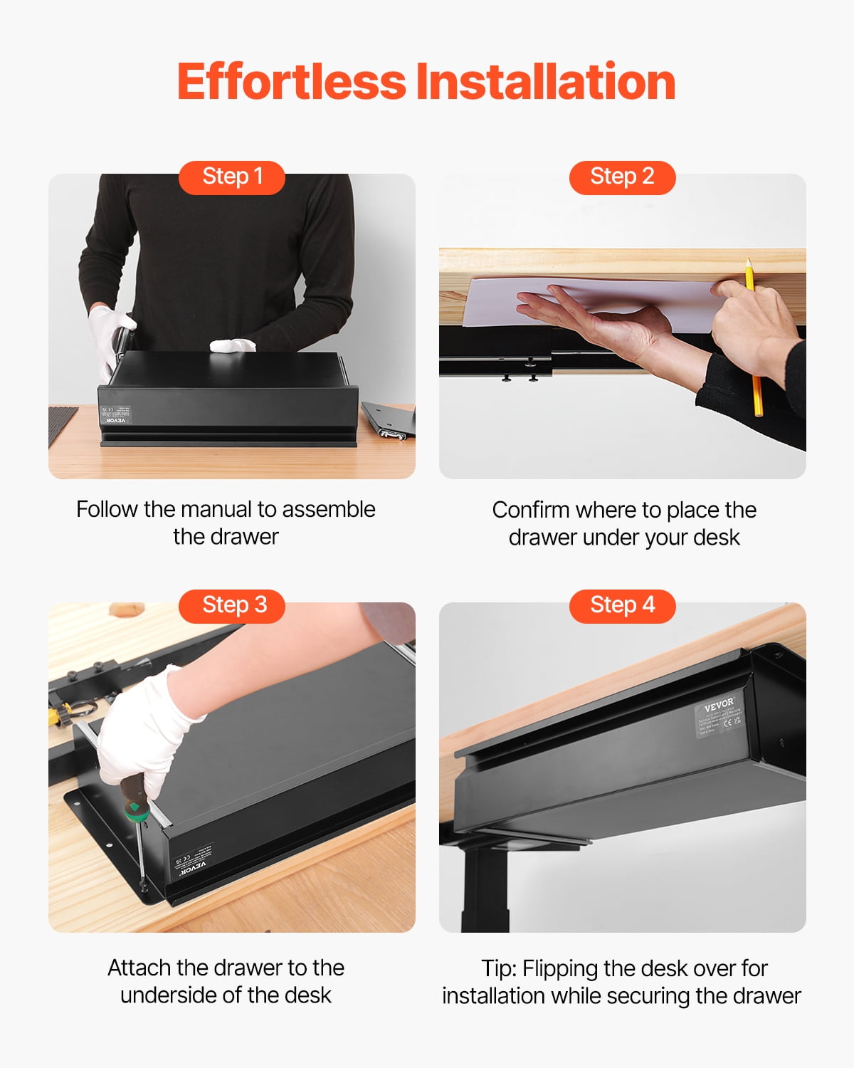 VEVOR 16" Wide Under Desk Drawer Slide Out, Under Desk Mount Pull Out Drawer Attachment, Hidden Desk top Storage Organizer, Under Table Pencil Drawer for Office Home Sit Stand Workstation, 17x9x4 In