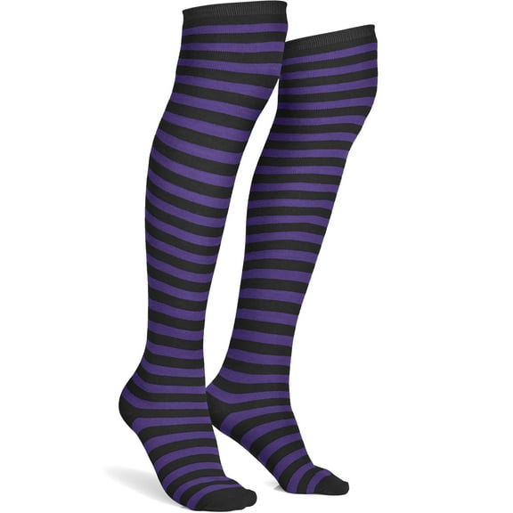 Skeleteen Purple and Black Socks - Over The Knee Striped Thigh High Costume Accessories Stockings for Men, Women and Kids