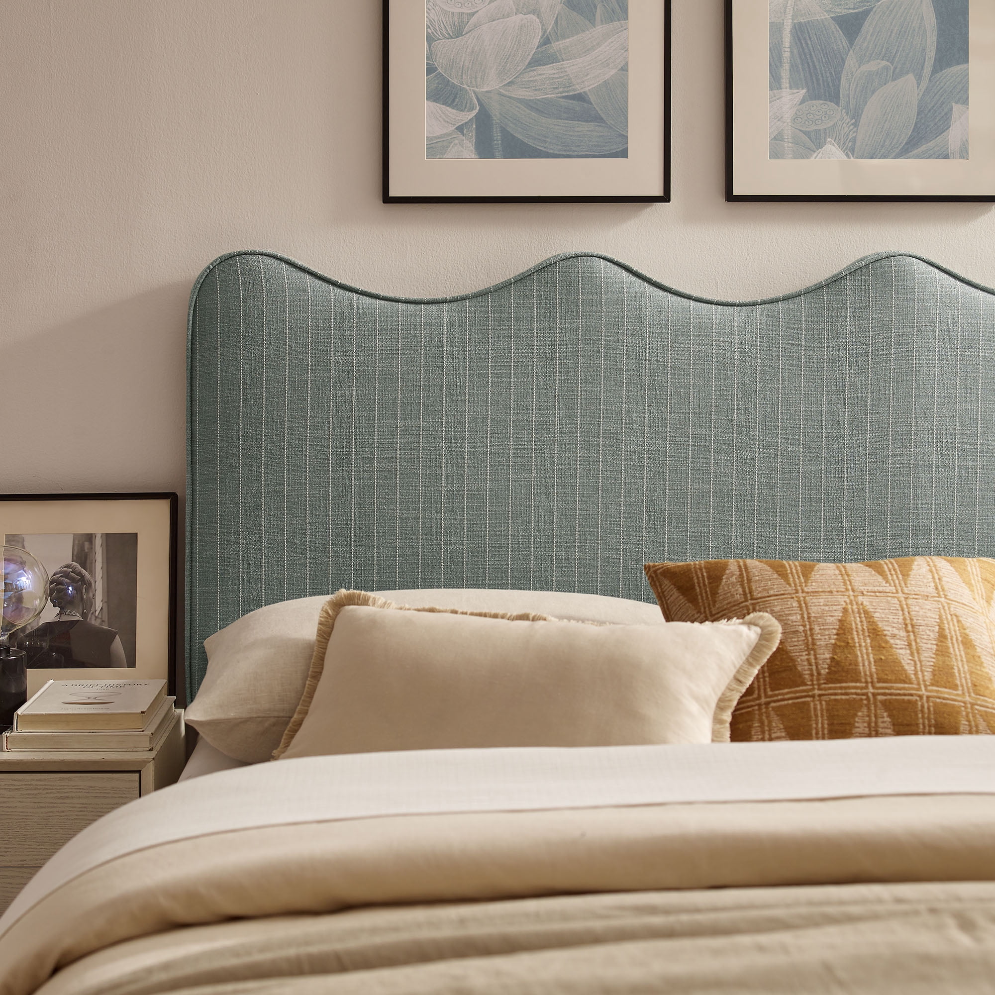 Athena Striped Fabric Upholstered Queen Size Headboard in Spa Blue Stripe