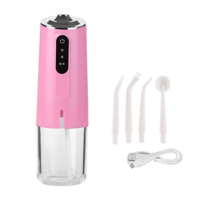 Irrigador bucal portátil de 240 ml, limpiador de dientes a prueba de agua con hilo dental recargable por USB de 3 modos con 1 boquilla, color rosa