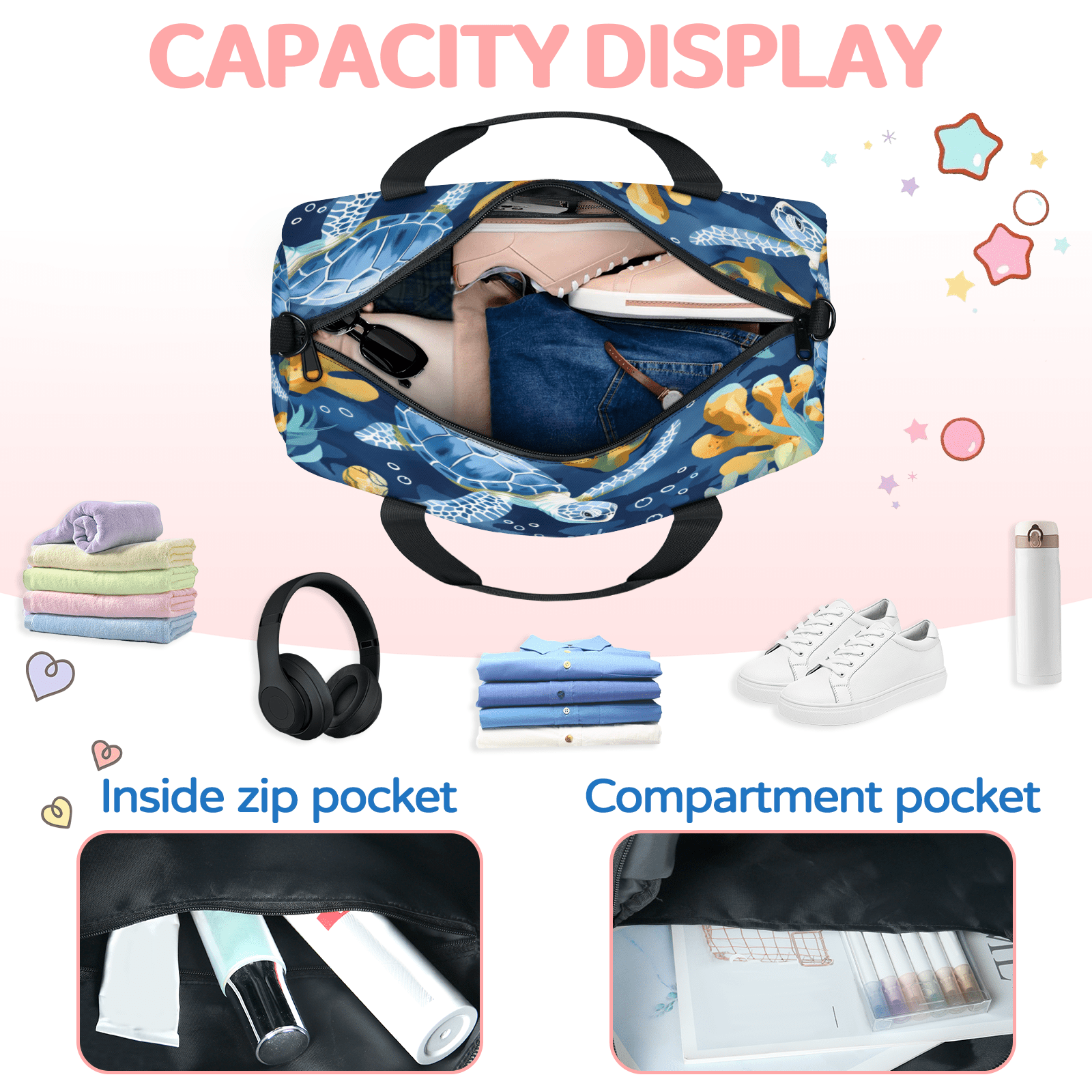Herdesigns Sea Turtles Travel Duffle Bag Sports Yoga Weekender Overnight Carry on Workout Bags Lightweight Waterproof Gym Tote Bag for Women Beach Theme