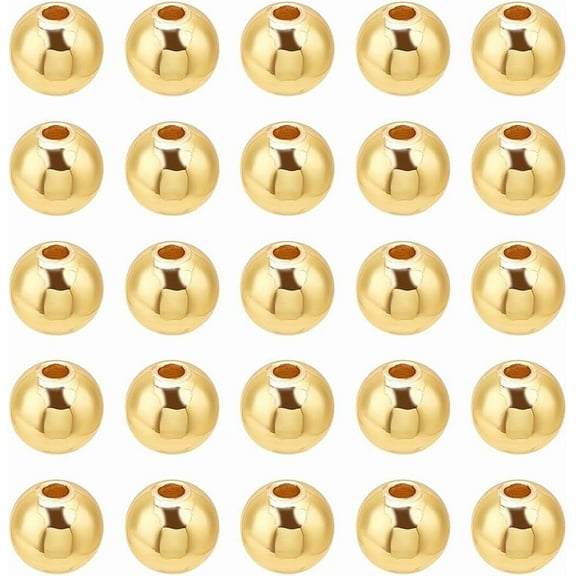 18K Gold Plated Beads 8mm Round Ball Beads 60pcs Metal Spacer Bead Stackable Bracelet Bead