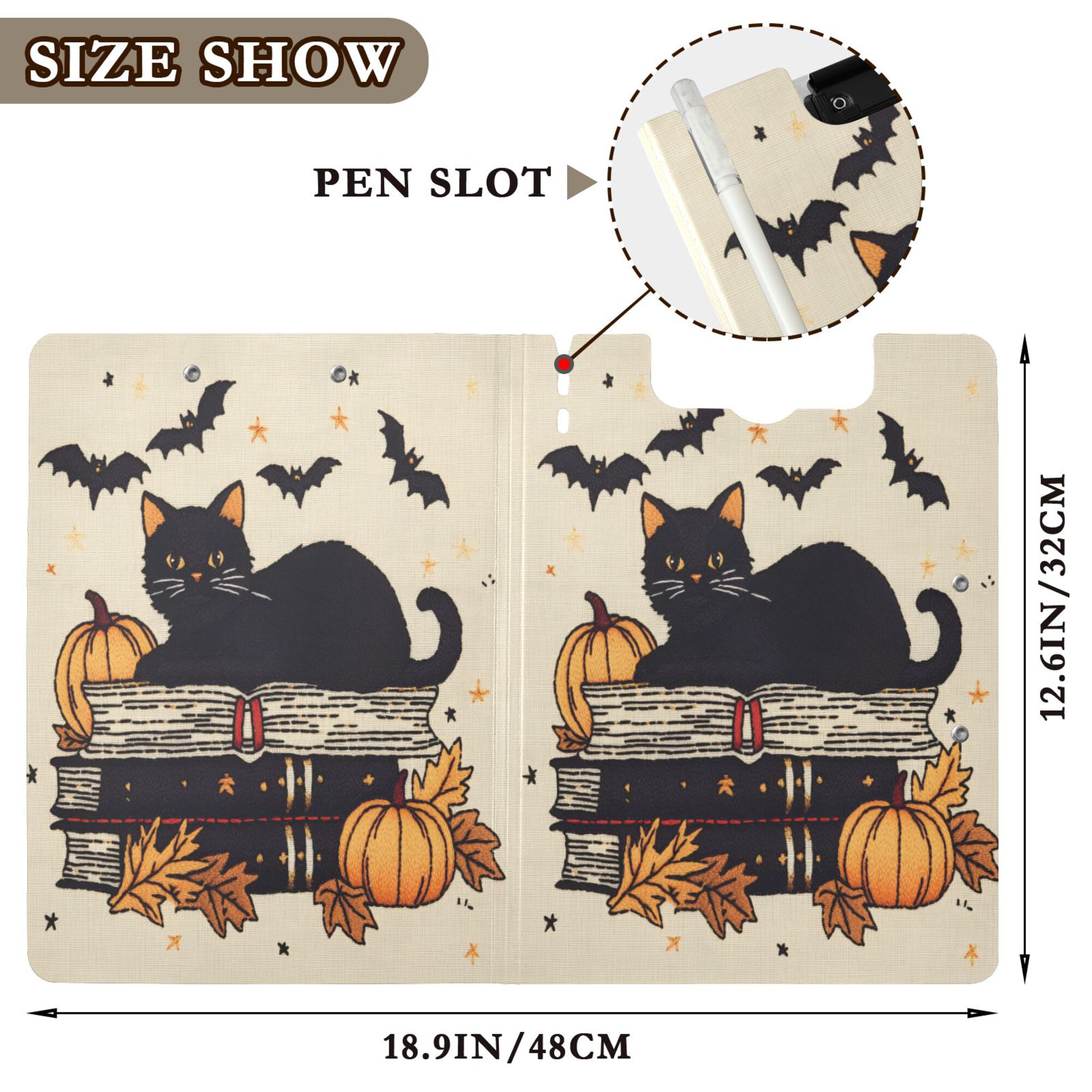 FORMRS A4 Clipboard Folder with Pen Holder Horizontal Foldable School Office Binder, Halloween Cat