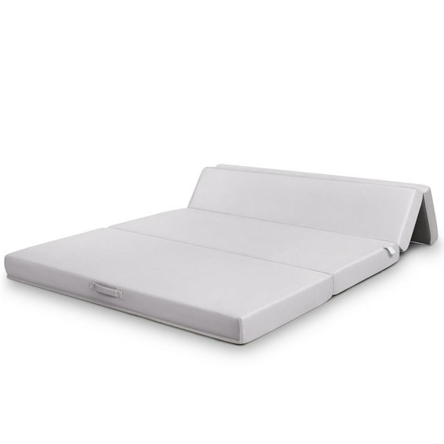 Giantex 4" Thick Folding Portable Mattress Pad Sofa Bed with Carrying Handles and Removable Washable Fabric, High-Density Foam Futon Sleepover Guest Easy to Store (Queen, Gray)