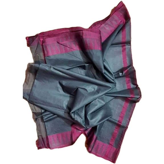 India Meets India Christmas Ethnic Indian Women's Bhagalpuri Handloom Kota Silk Saree with Contrast Temple Border and tussels (Grey & Pink Border)