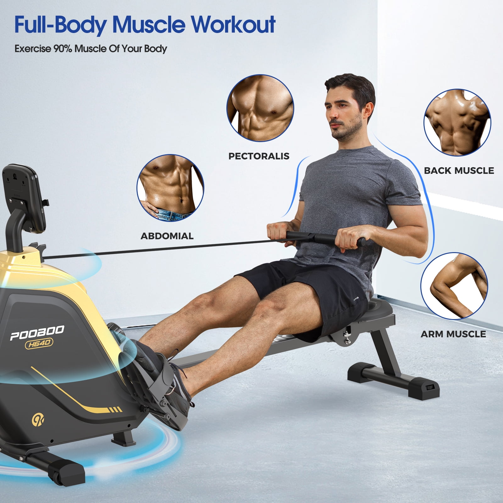 Pooboo Rowing Machine Cross Trainer with Digital Monitor and Electromagnetic Resistance Rowing Trainer for Indoor Fitness Gym Workout