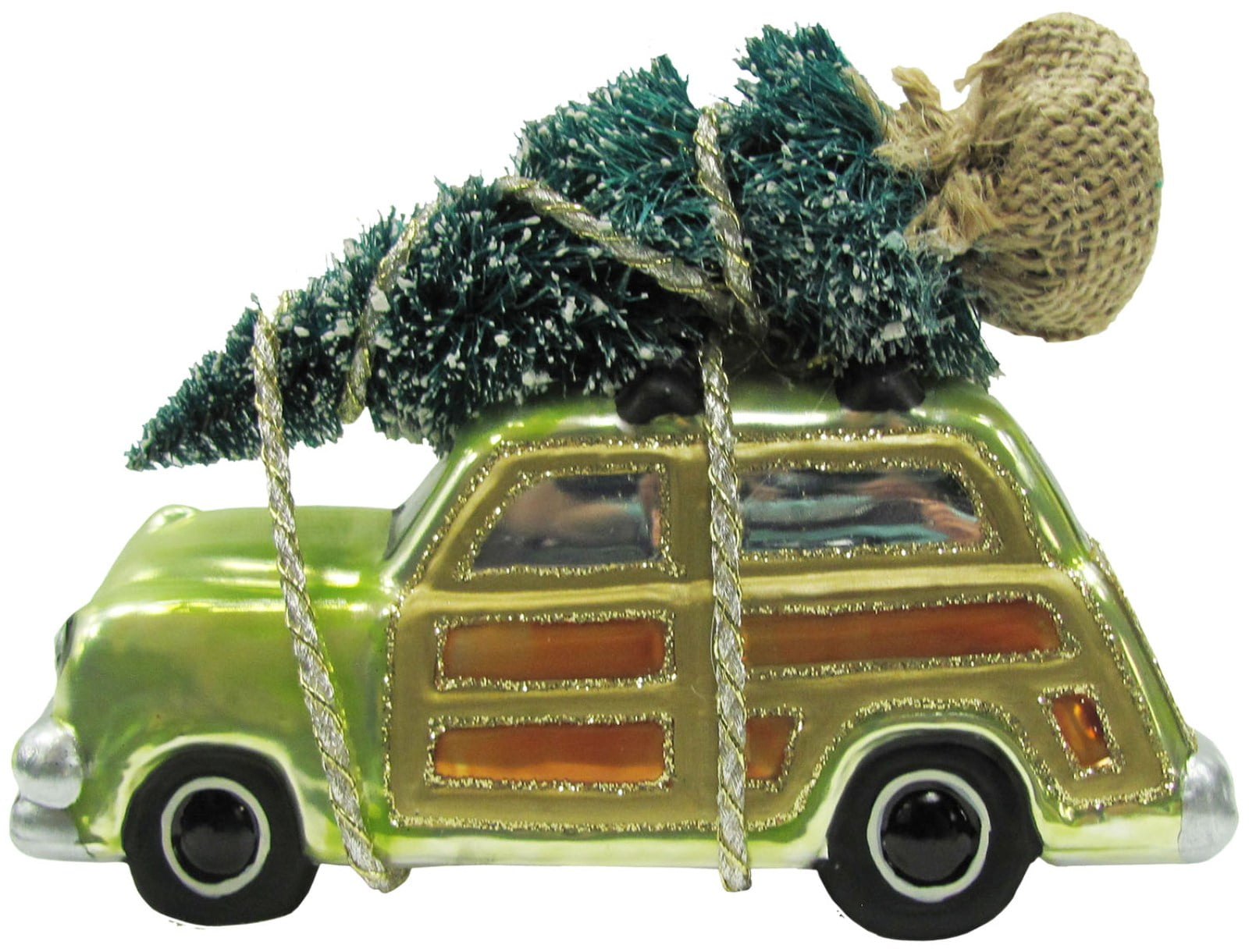 Freshly Cut Christmas Tree on Family Car Glass Holiday Ornament