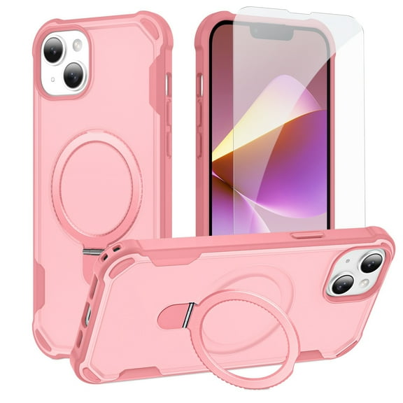 Dteck for iPhone 15 Case with Screen Protector, Compatible with MagSafe Shockproof Invisible Magnetic Ring Stand Military-Grade Heavy Duty Protection Phone Case, Pink