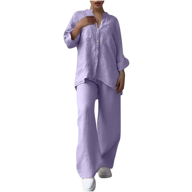 Timegard Plus Size Outfits for Women Long Sleeve Button up V Neck Shirts with Pocket Wide Leg Pants Loose Sets