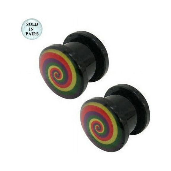 Acrylic Double Flared Ear Plugs with Rainbow Spiral Logo - 10 Gauge  to 00G