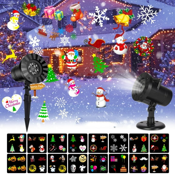 Christmas Halloween Projector Lights, Outdoor Christmas Decorations, LED Projection Lamp 16 Slides for Christmas Party Holiday Yard Garden Decoration