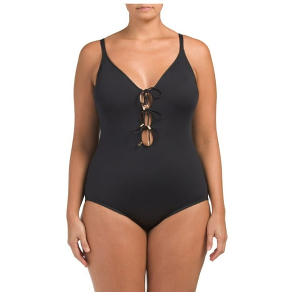 La Blanca Women's Plus Tummy Control Lace-up Front One-piece Swimsuit-Black / 20W