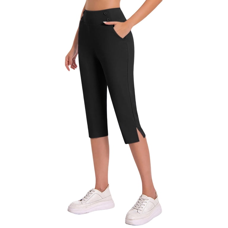black dress capris plus size Cflvaek Dressy Capri Pants for Women Plus Size High Waist Stretch Womens Dress Capris Pants for Summer Work Office Pants with Pockets Black L