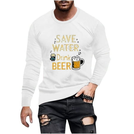 Dagegui Mens Long Sleeve T-Shirts Beer Pattern Crewneck Pullover Shirts Big and Tall Casual Loose Shirts Fall Blouse Tops Funny Festive Party Clothes White XXXXXXL