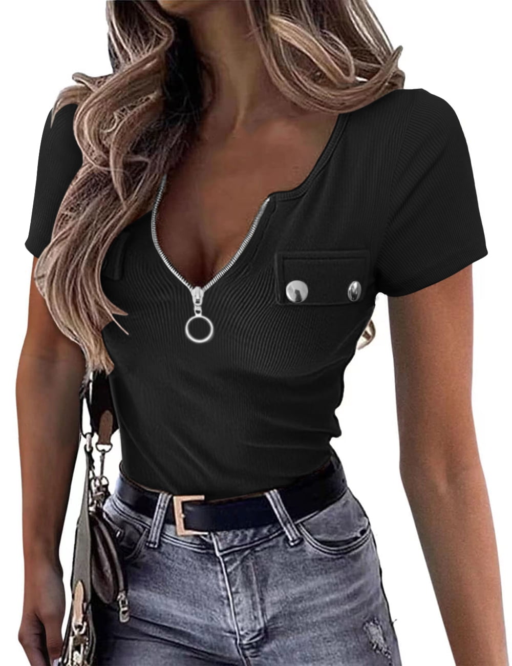 ZHENWEI Womens Short Sleeve Henley T Shirt Sexy Zipper V Neck Ribbed ...