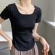 thumbnail image 3 of Gibobby Playera de Verano para Mujer Camiseta verano para mujer, informal, holgada, cuello redondo, manga corta, fondo curvo, Color sólido(Negro,G), 3 of 4