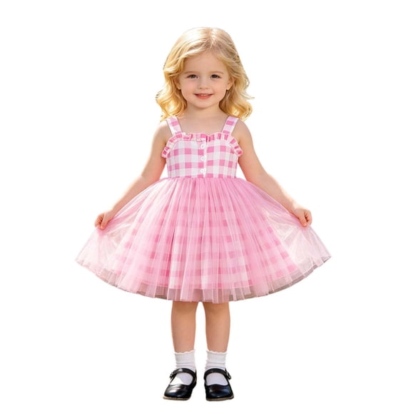 VNKIDY Girls Kids Spaghetti Strap Pink Gingham Dress With Ruffle Trim Tulle Skirt For Toddlers Summer Daily Wear Casual Outings Lovely Dress