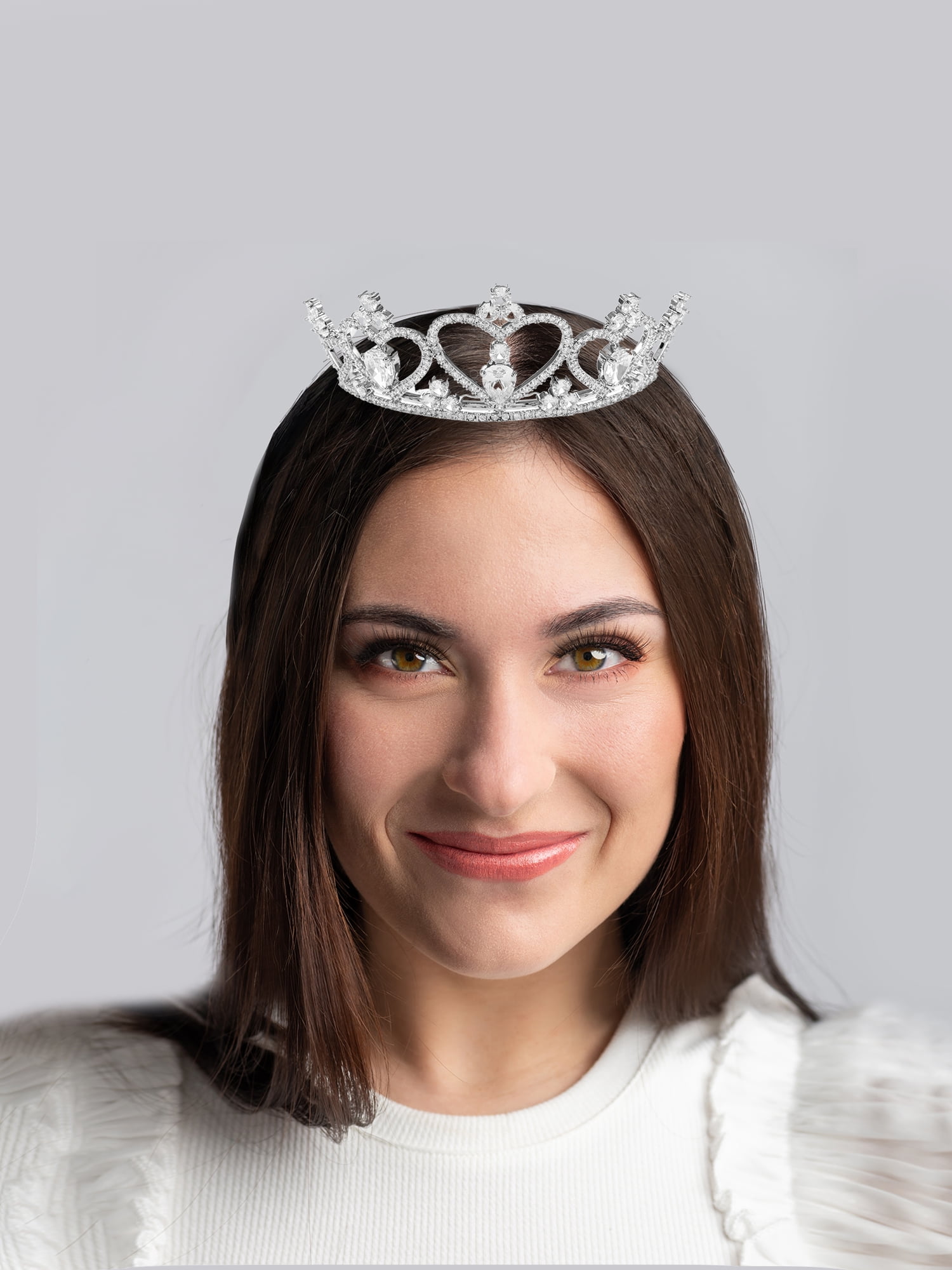 Believe by Brilliance Fine Silver Plated Mini Tiara, Heart Motif with Genuine CZ, 1 Piece
