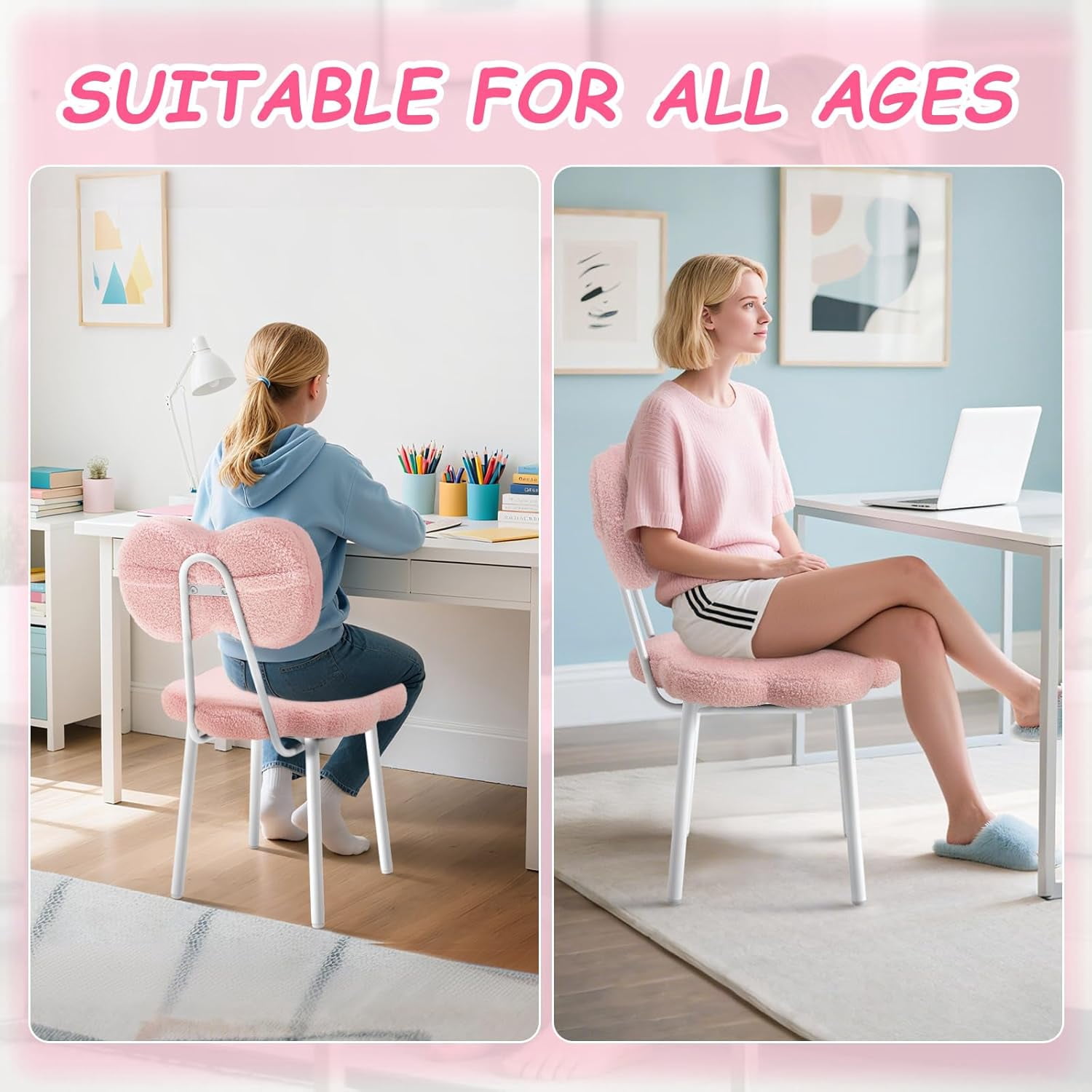 Teen Girls Vanity Chair Kids Desk Chair Teddy Fleece Armless Office Roller Chair Kids Task Reading Seat for Girls Student Chair for Study (Pink)