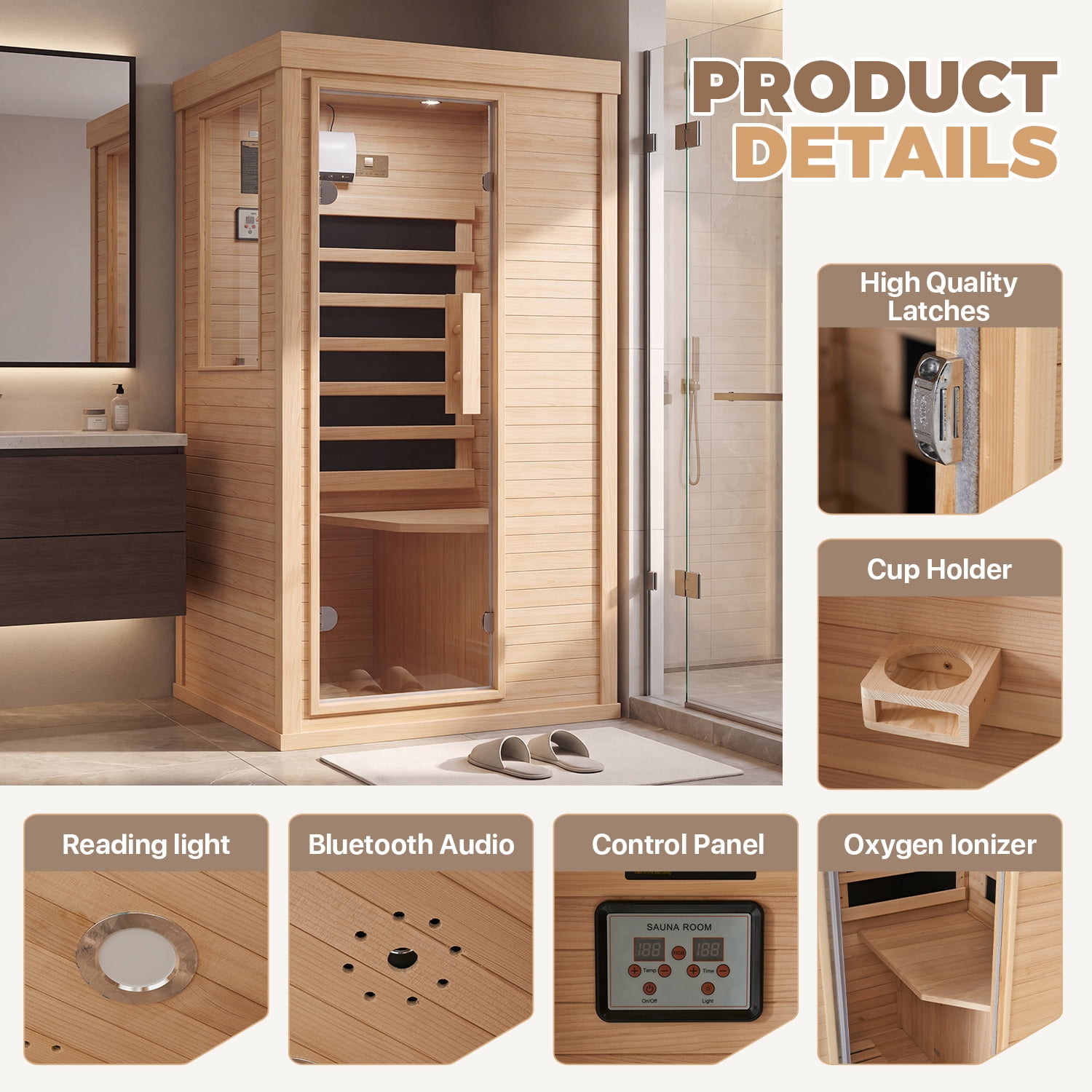 BaPiPro Infrared Sauna, 1-Person Home Far Wood Sauna, Canadian Hemlock Dry Sauna Spa Room with Low EMF Carbon Fiber Panels, Indoor Sauna with LED Light & Bluetooth Speaker